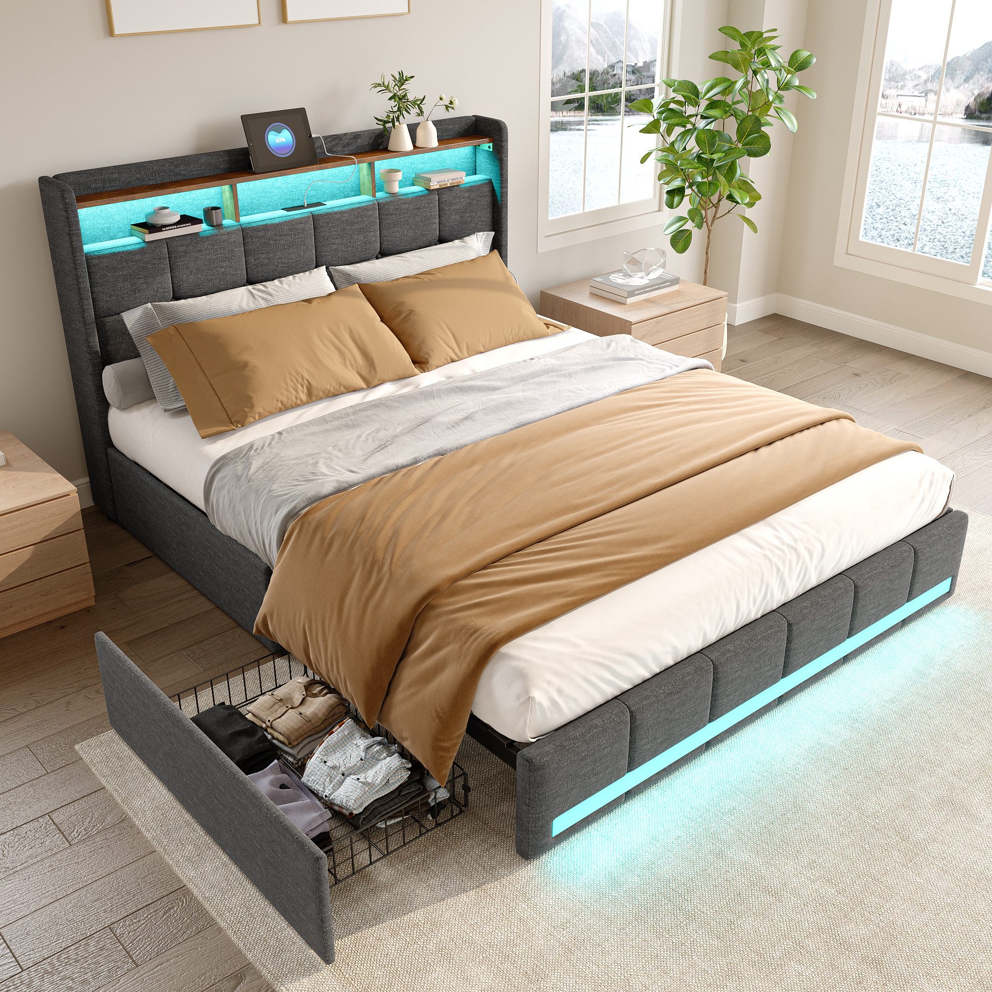 Polsterbett Doppelbett Stauraumbett Funktionbett-grau 1